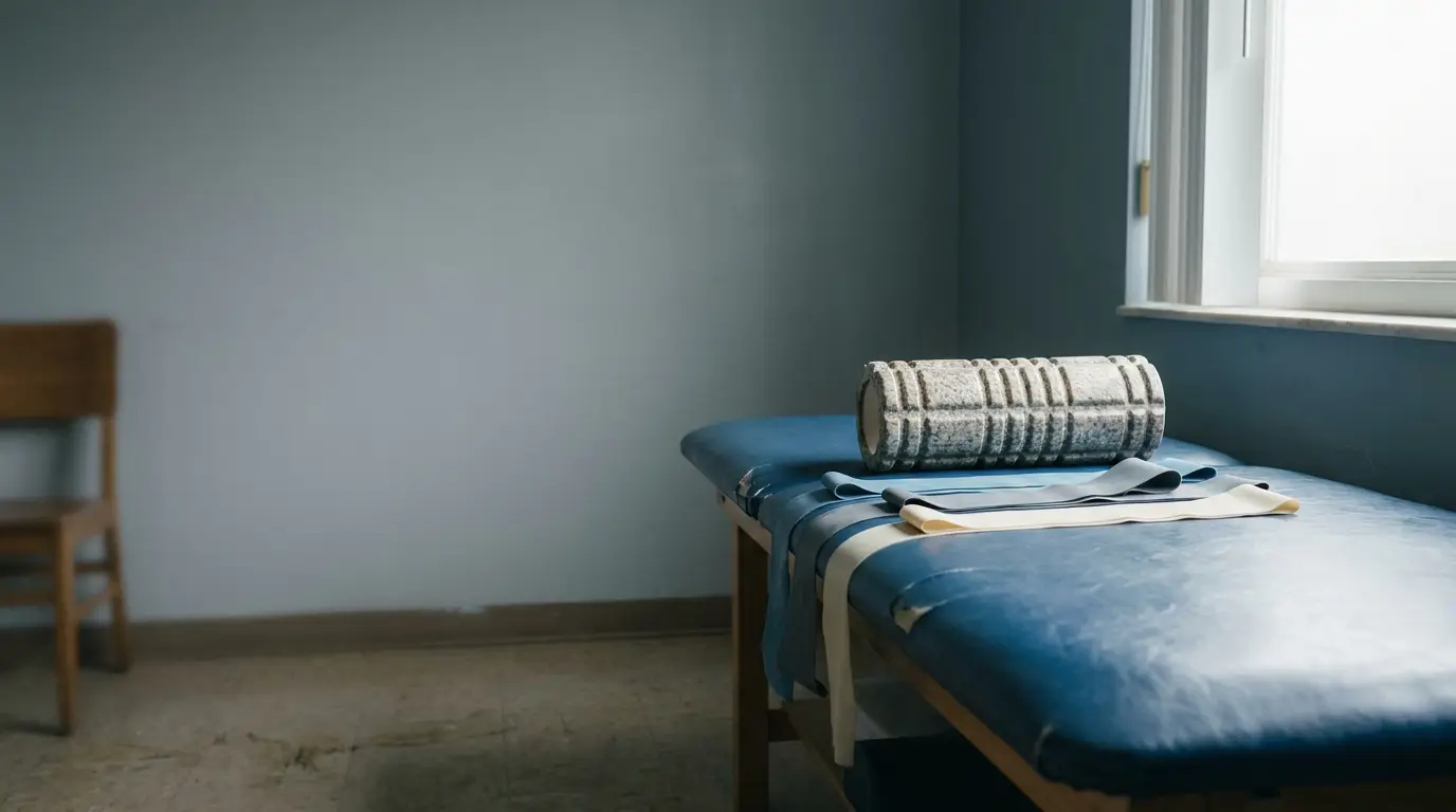 Foam roller and resistance bands on blue therapy table in minimal clinical room