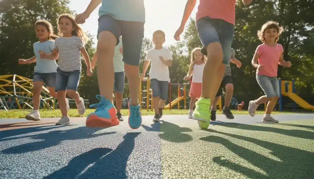 Children running on colorful playground surface with trees in the background