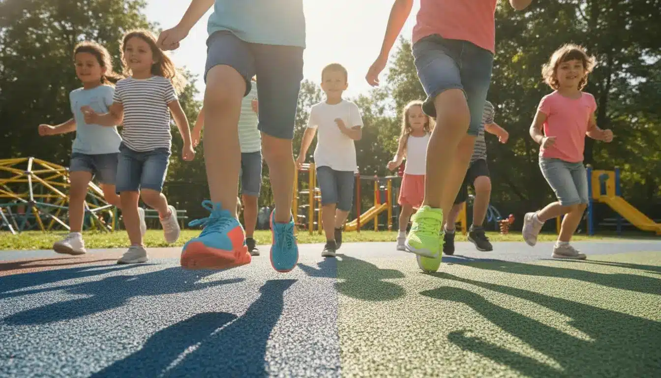 Children running on colorful playground surface with trees in the background