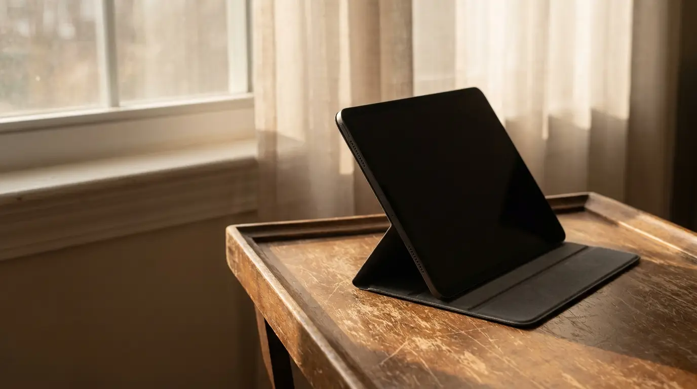 Tablet in black case on wooden table near window with sheer curtains in warm light