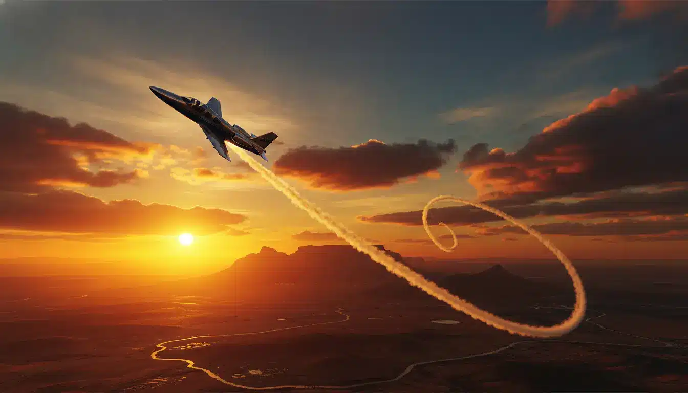 Jet aircraft performing aerobatic maneuver at sunset over desert landscape with mountains