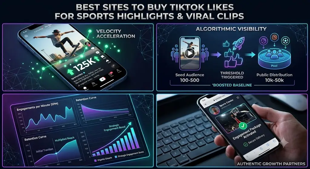 Collage of graphs, smartphone with social media content, and digital marketing concepts on dark background