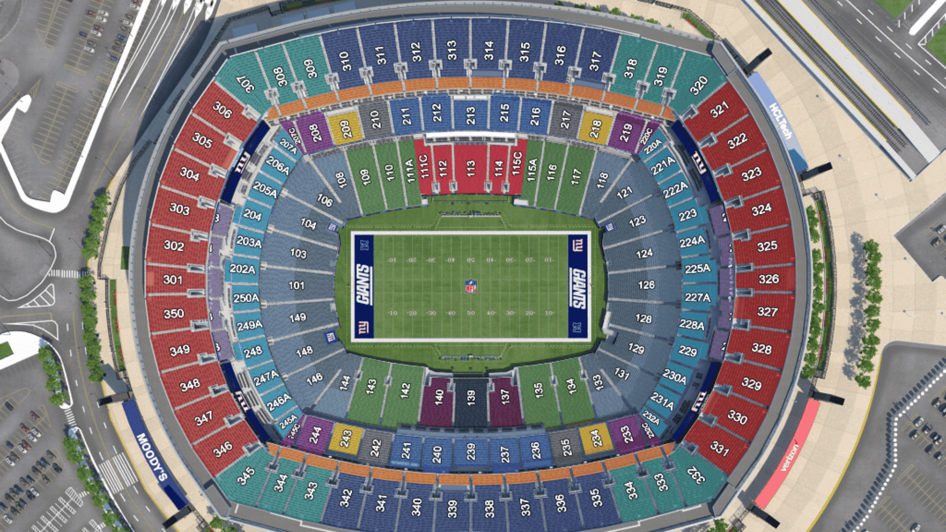 top down view of the metlife stadium with dedicated numbering and seating differentiation of seats