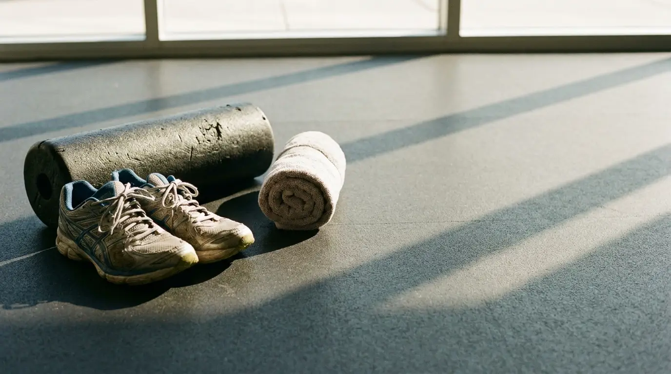 Running shoes, foam roller, and towel on gym floor with sunlight shadows