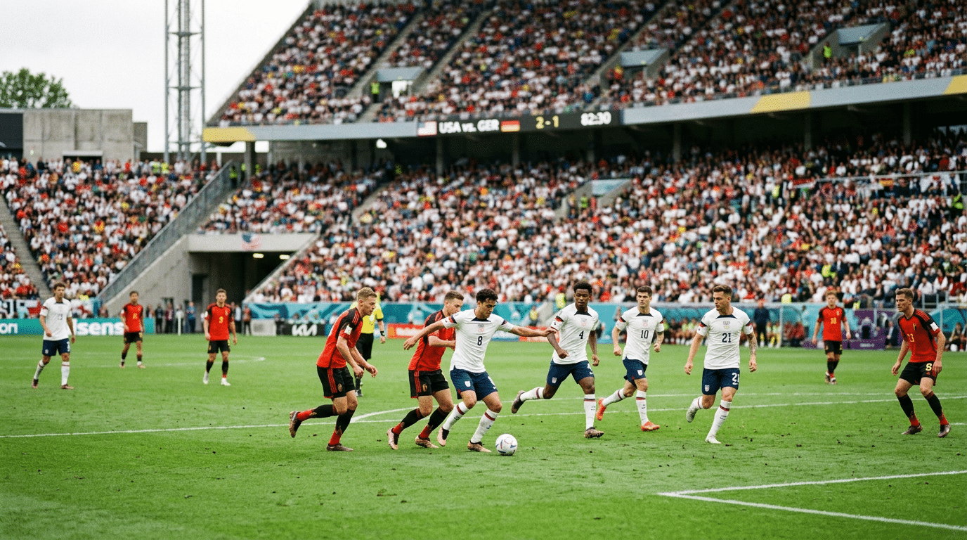 usa soccer player dribbles past belgium defenders during a world cup match as teammates move into attacking positions