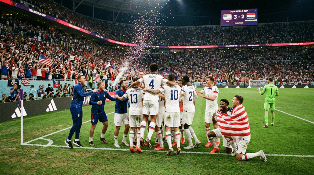 usa soccer players celebrate a world cup victory with cheering fans waving flags and confetti filling the stadium air
