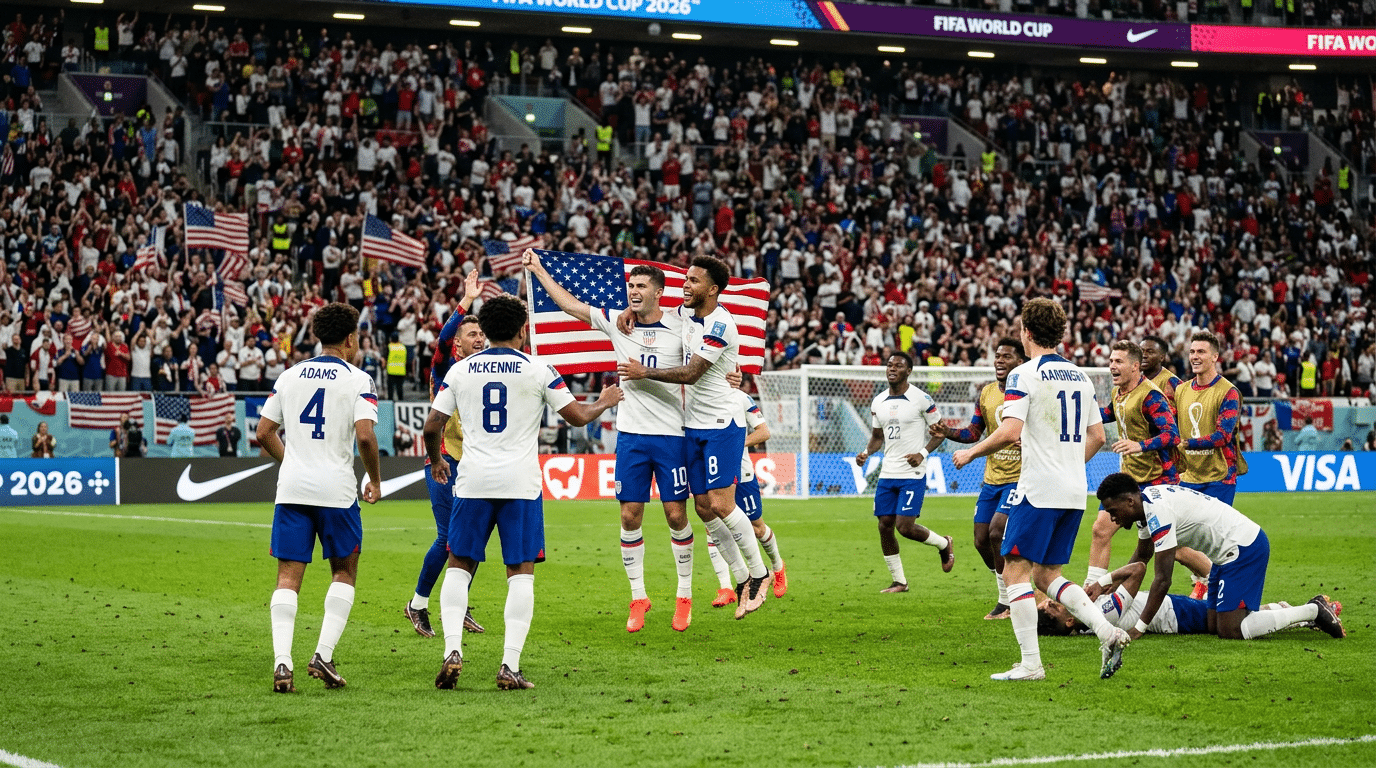 usa soccer players celebrate together on the field with american flags as teammates and fans cheer after a world cup win