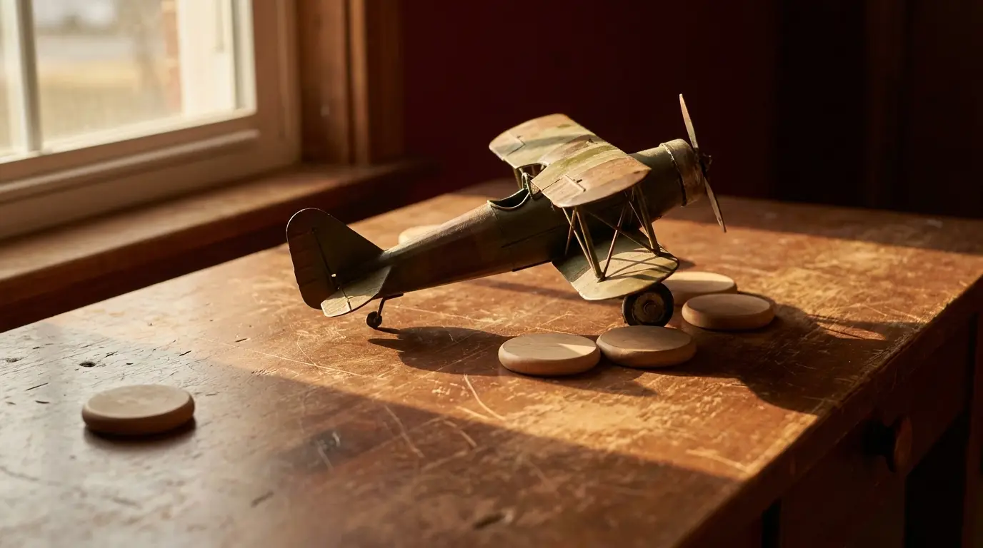Model biplane on wooden table in warm sunlight near window