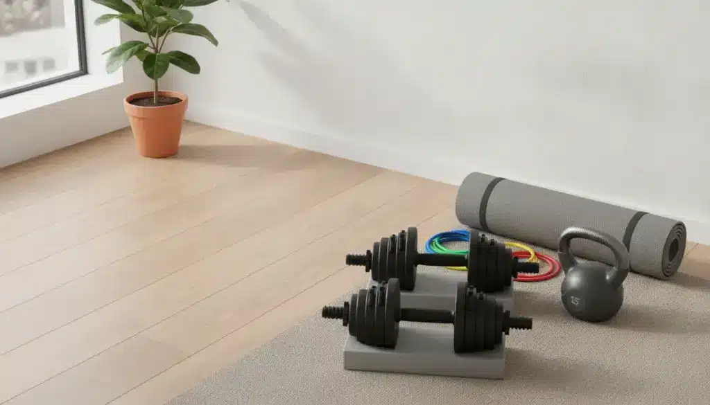 Dumbbells and kettlebell on mat with yoga mat and resistance bands in bright home gym