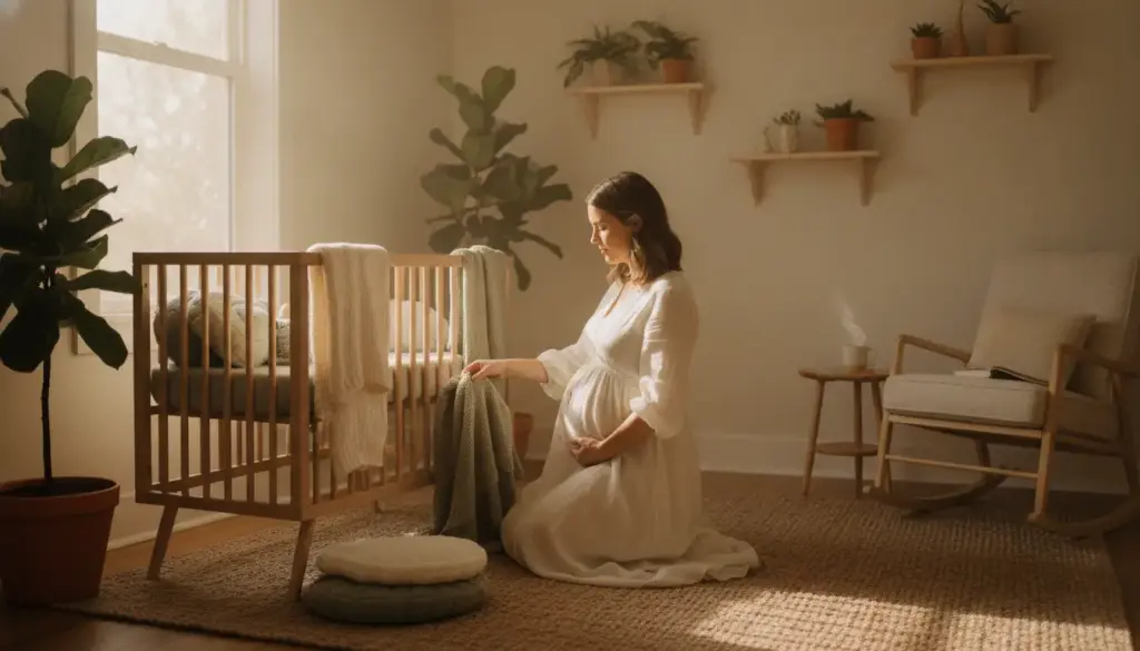 Pregnant woman in white dress kneeling by crib in softly lit nursery with plants and rocking chair