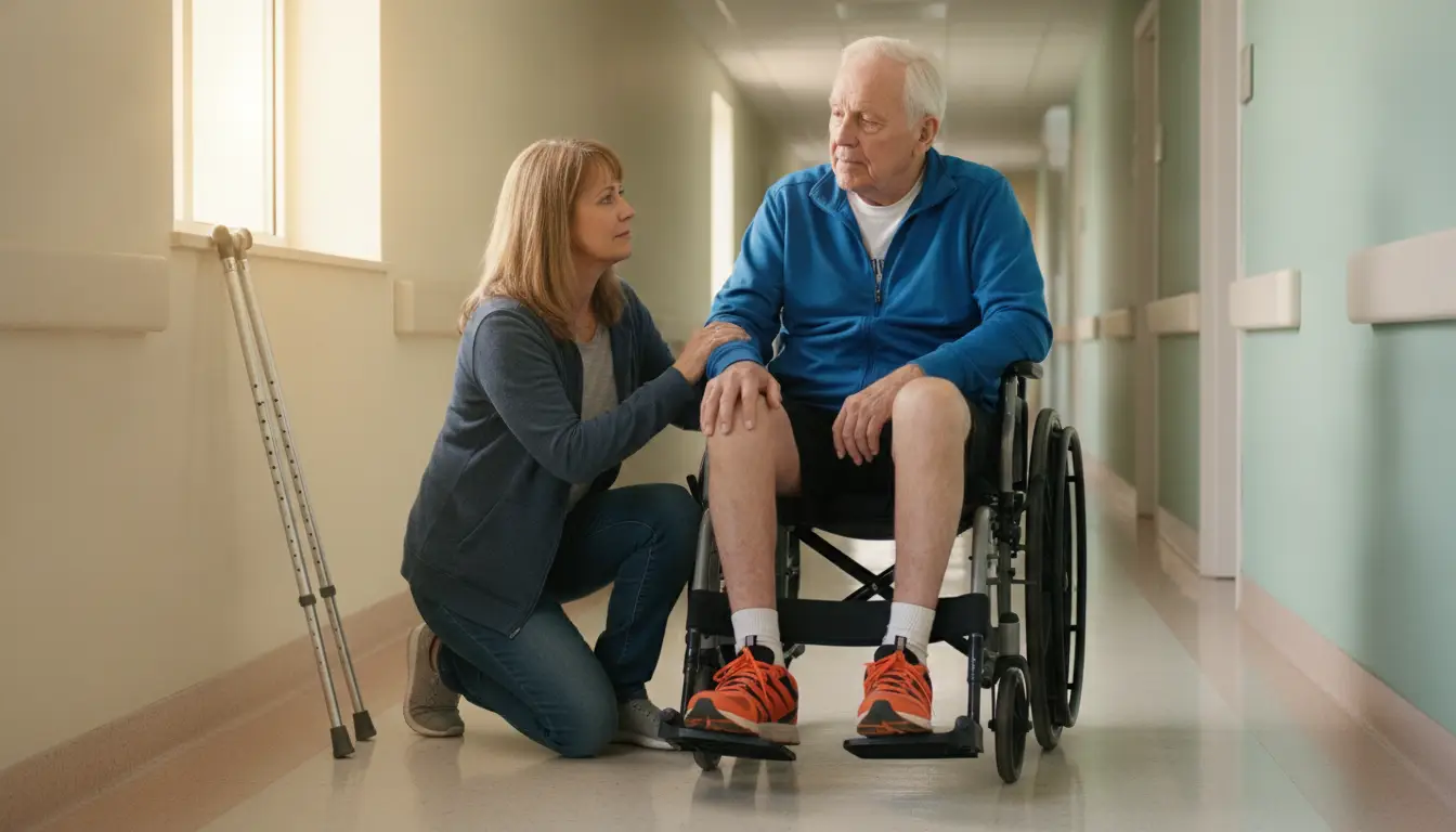 Woman comforting elderly man in wheelchair in bright hospital hallway
