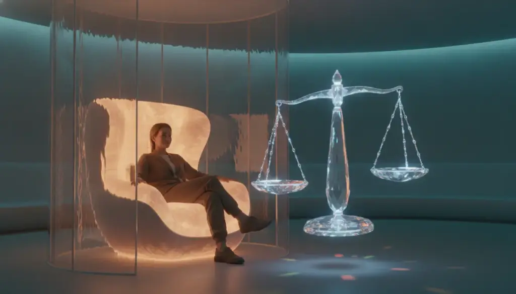Woman seated in illuminated chair beside large transparent scales in futuristic setting