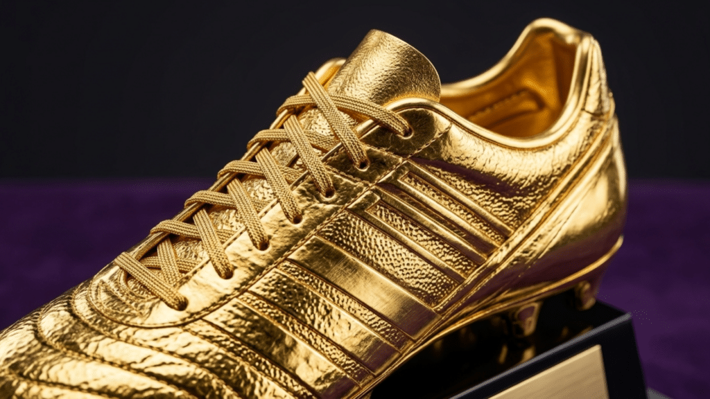 world cup golden boot trophy displayed with football players celebrating the top scorer award on a tournament stage