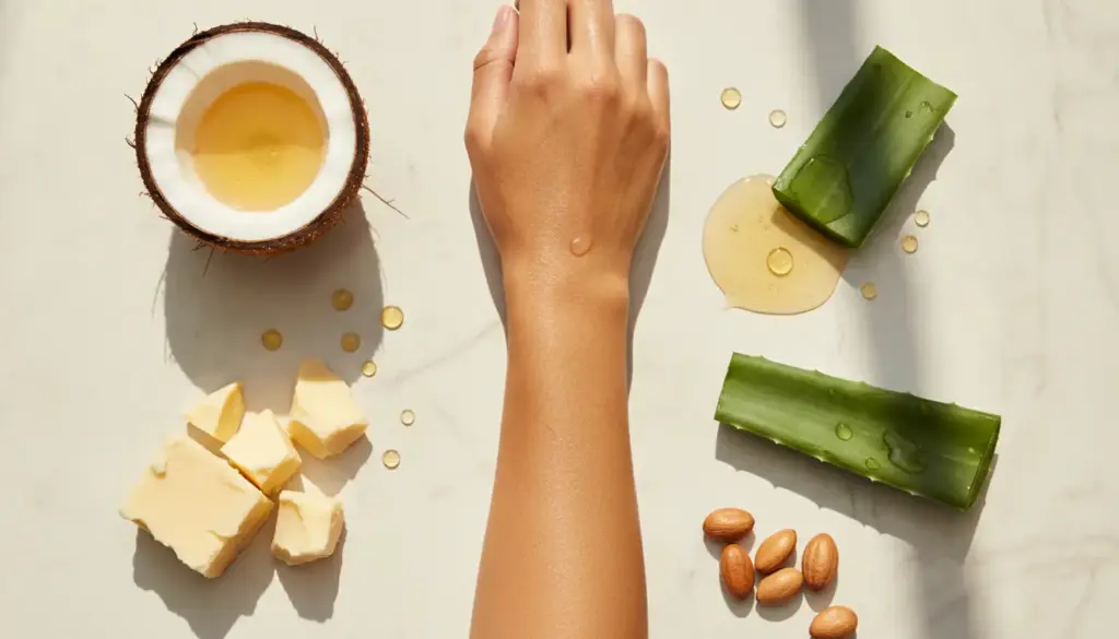Hand showing natural skincare routine with aloe vera, coconut oil, shea butter, and argan nuts on marble