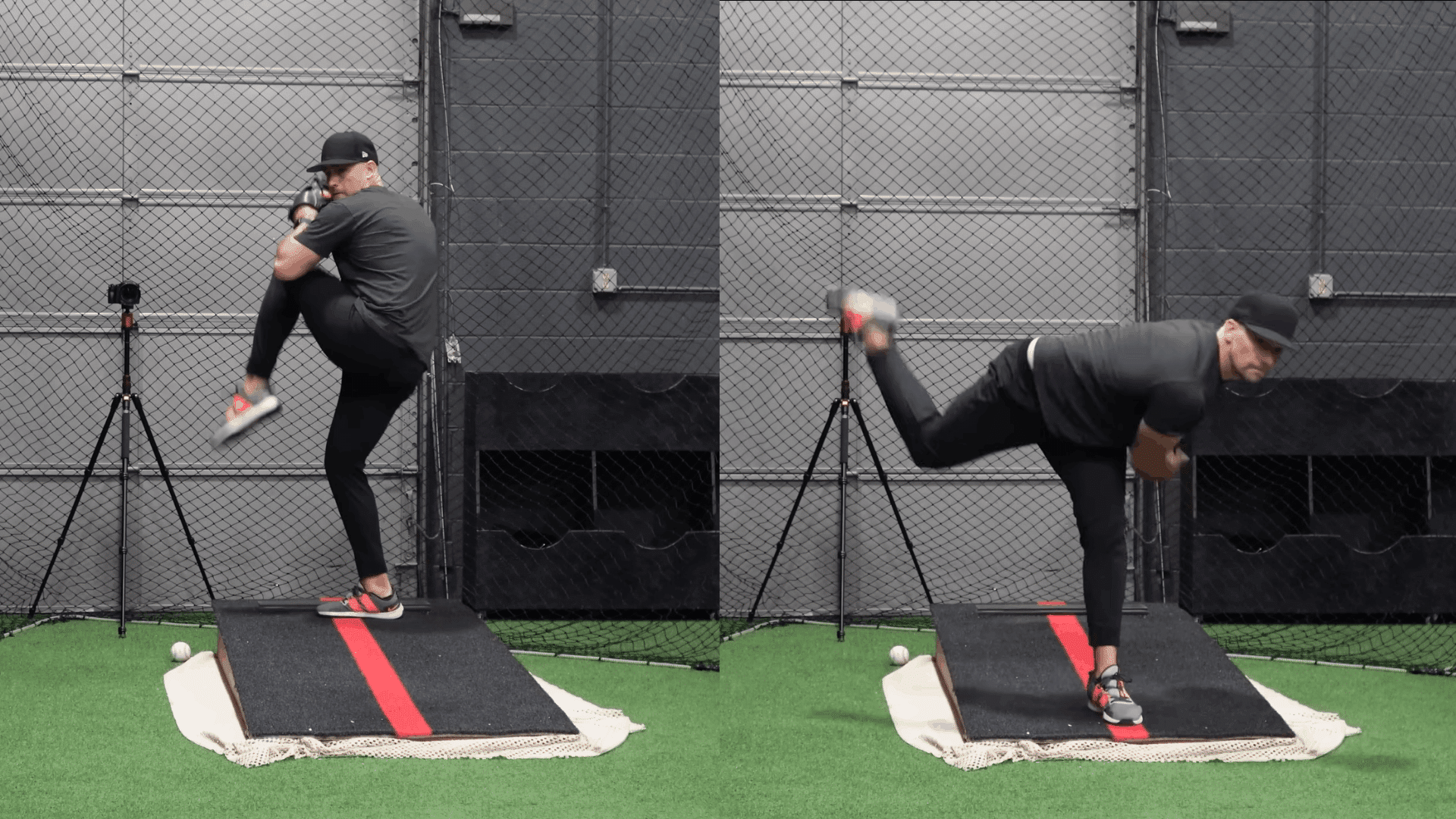 a baseball pitcher demonstrating the windup and follow through on a pitching mound during an indoor training session (1)