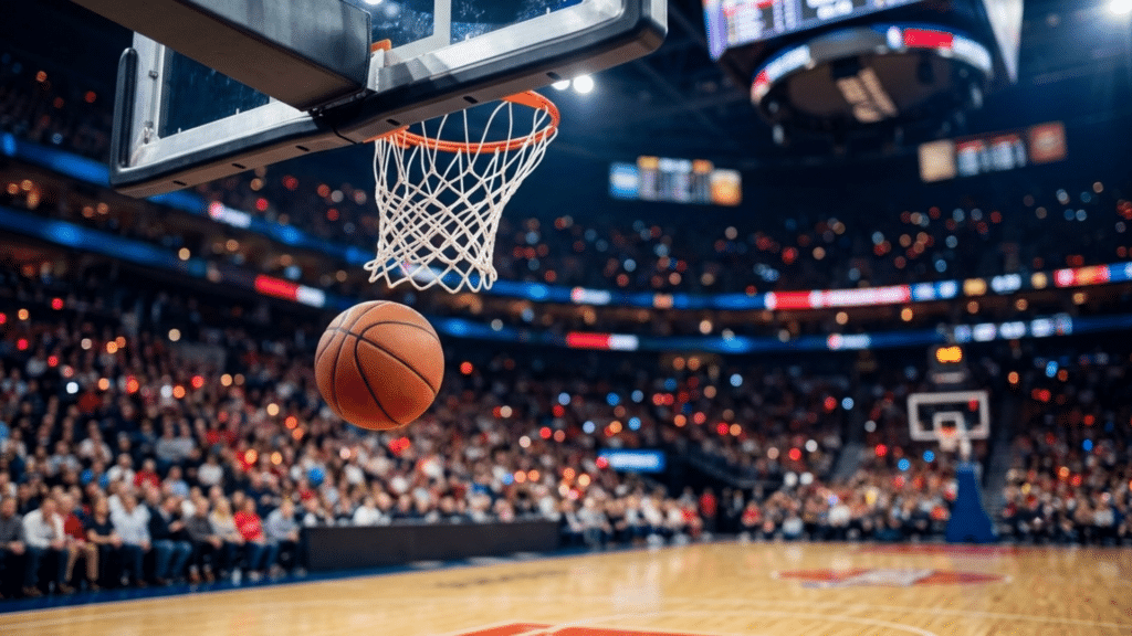 a basketball dropping through a white net in a packed stadium with blurry crowds and jumbotrons