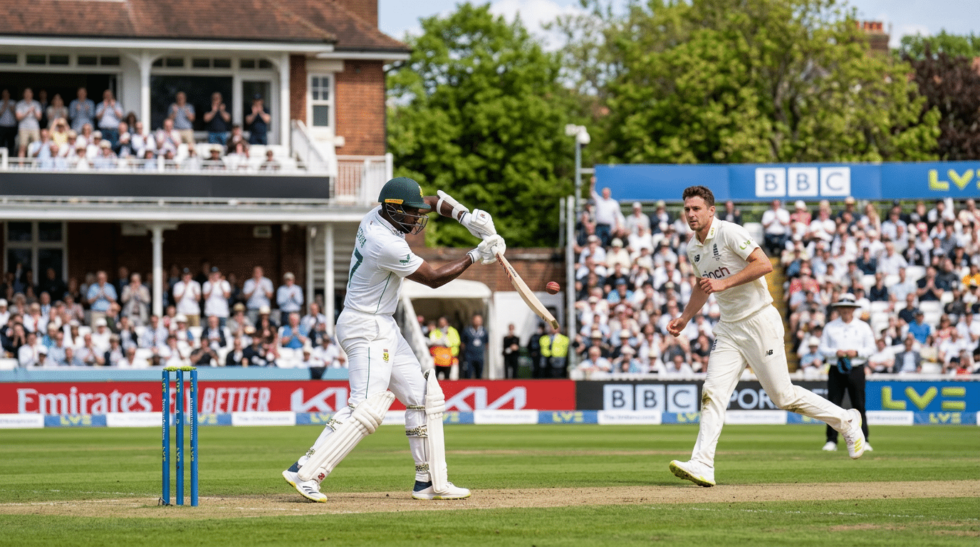 a cricket batter plays a defensive shot as a bowler runs forward before a packed crowd at a sunny stadium