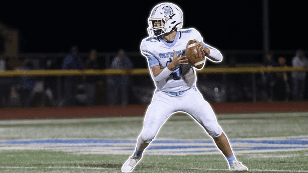 a football player in a white uniform drops back to pass while scanning the field during a nighttime game on the turf field