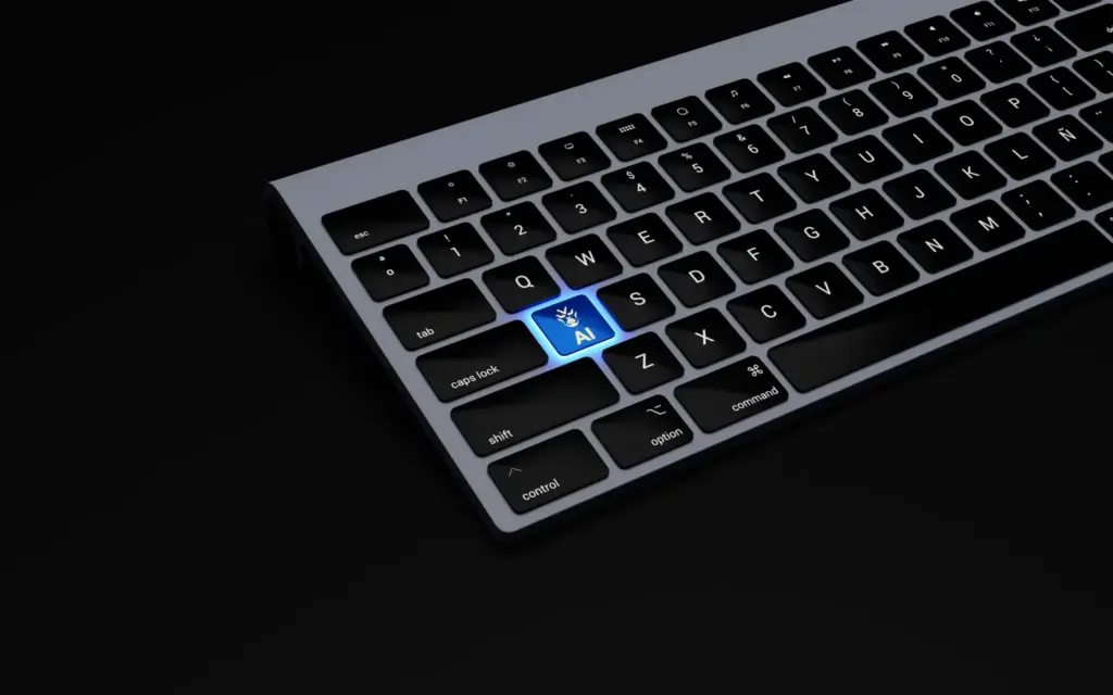 Black keyboard with illuminated blue AI key in dim lighting