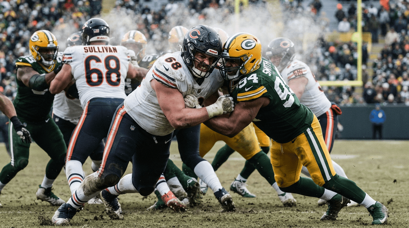 american football offensive and defensive linemen battling at the line of scrimmage during a competitive nfl game