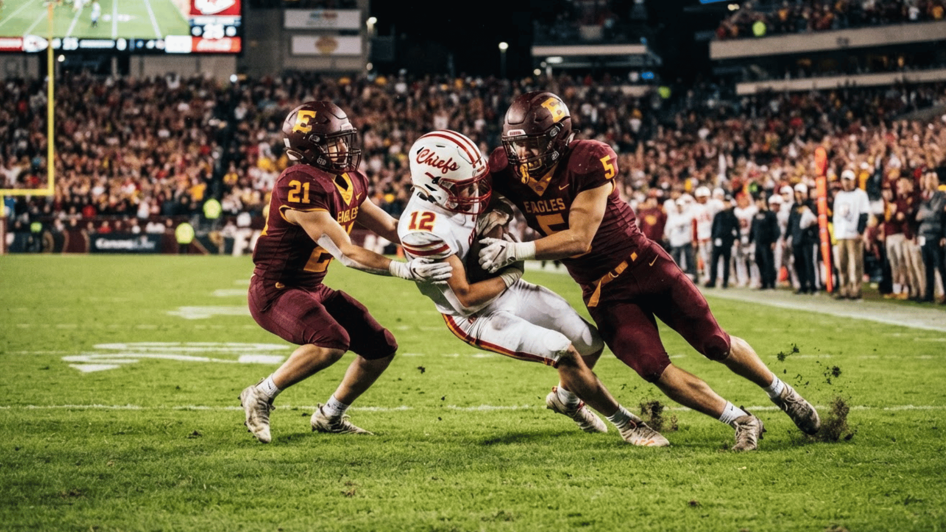 american football players making a tackle on a green field during an intense stadium game with blurred crowd background