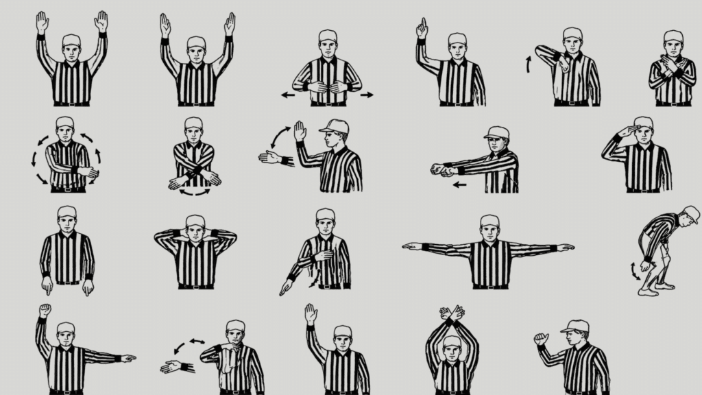 american football referee demonstrating multiple official hand signals in a black and white illustration on a white background (1)