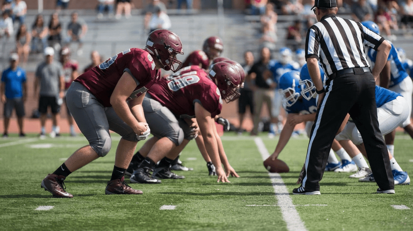 american football players lined up at the line of scrimmage moments before the ball is snapped