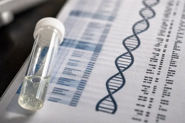 DNA sequence printout with test tube on laboratory desk in soft focus