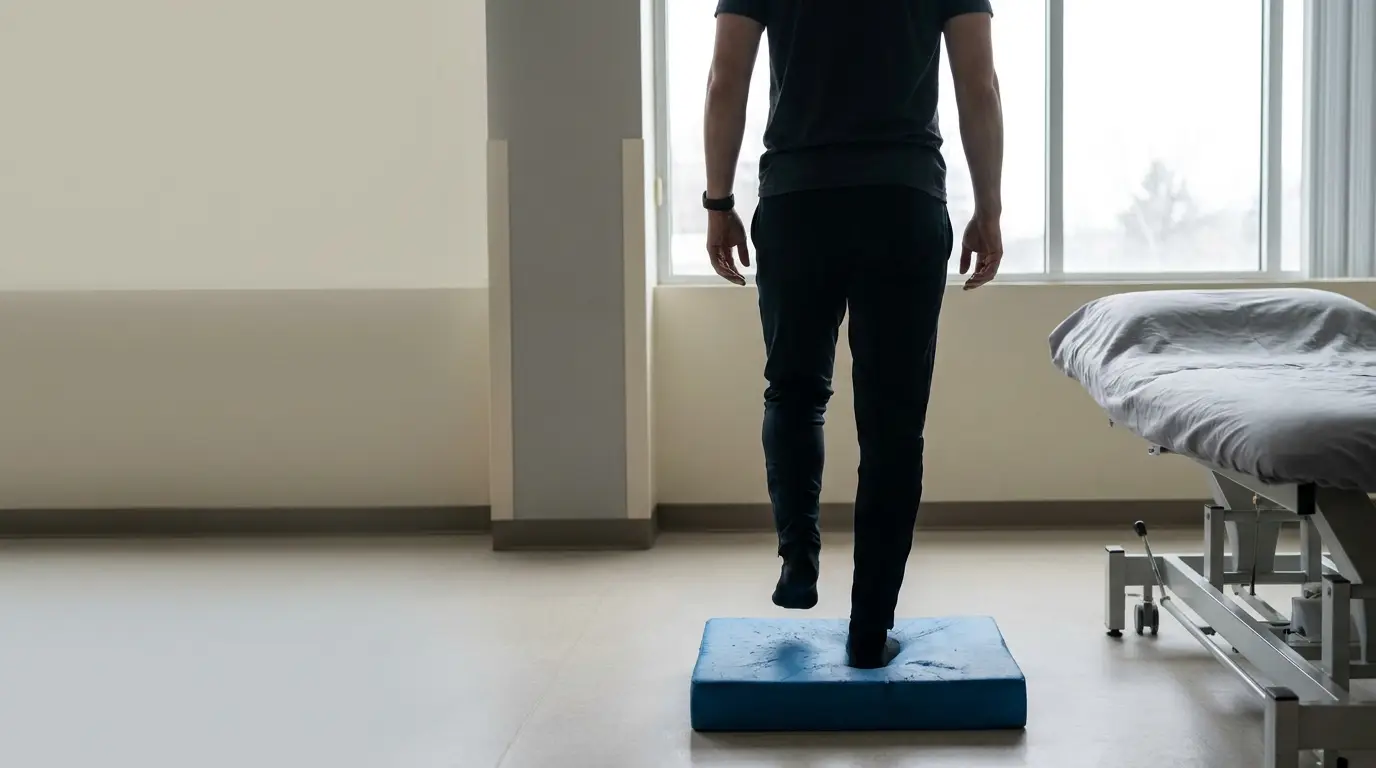 Person balancing on foam pad in physical therapy room with examination table nearby