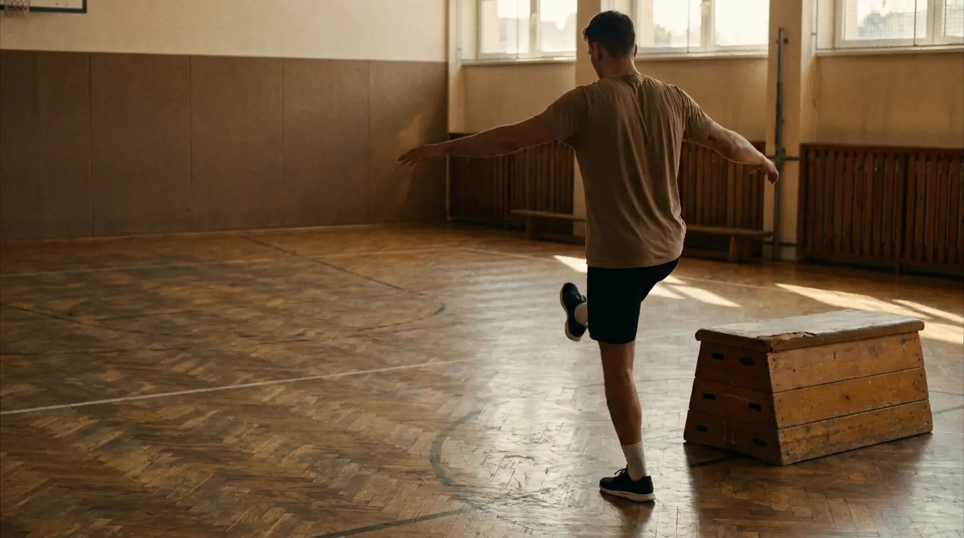 Man balancing on one leg in a gym next to wooden vaulting box
