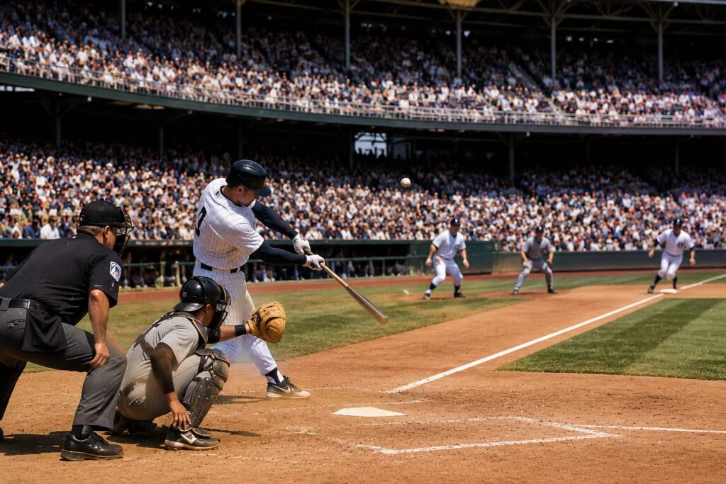 baseball batter hits the ball as runners advance and fielders react during a professional game in a packed stadium