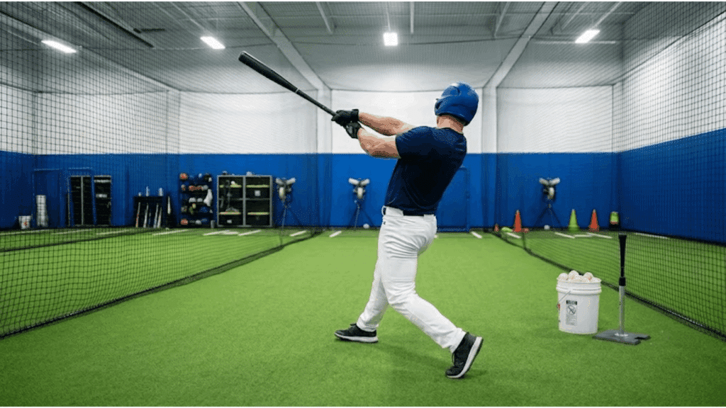 baseball player practicing a hitting drill from the back inside an indoor batting cage with a tee and bucket of baseballs