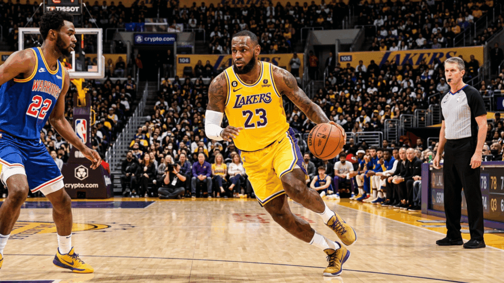 basketball player dribbling during an intense nba game with defender and referee on court