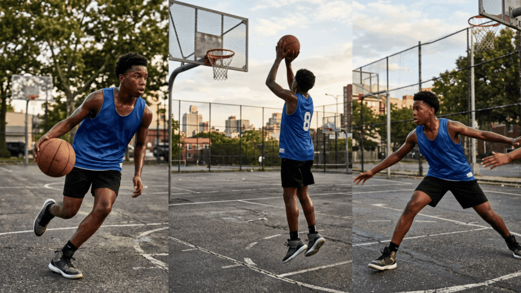 Basketball player practicing dribbling, shooting, and defensive drills on an outdoor court.
