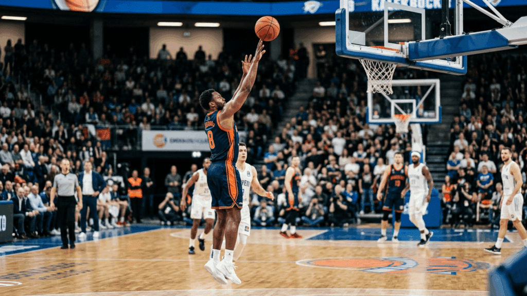 basketball player releasing a jump shot during a game on a realistic indoor court