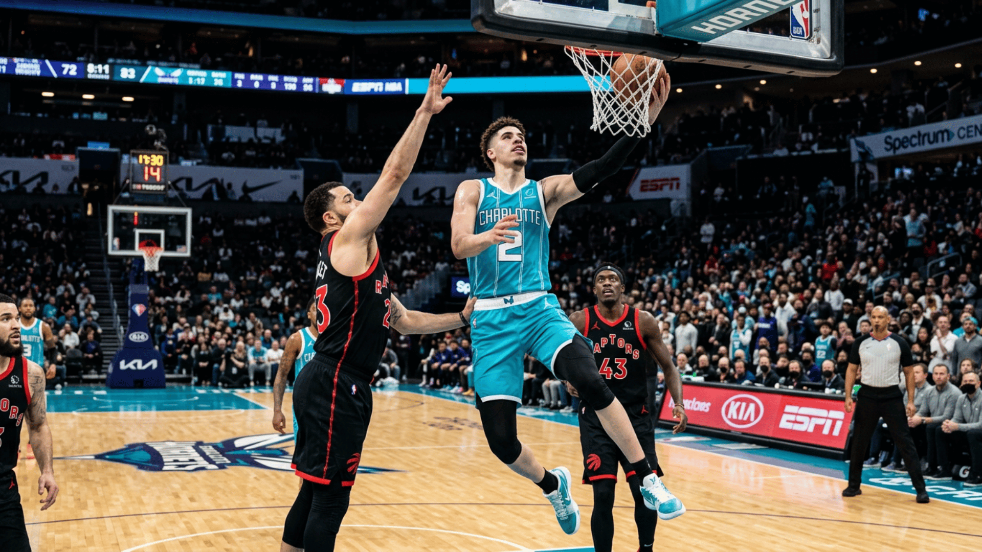 basketball player driving toward the hoop for a layup while defenders contest the shot in nba game