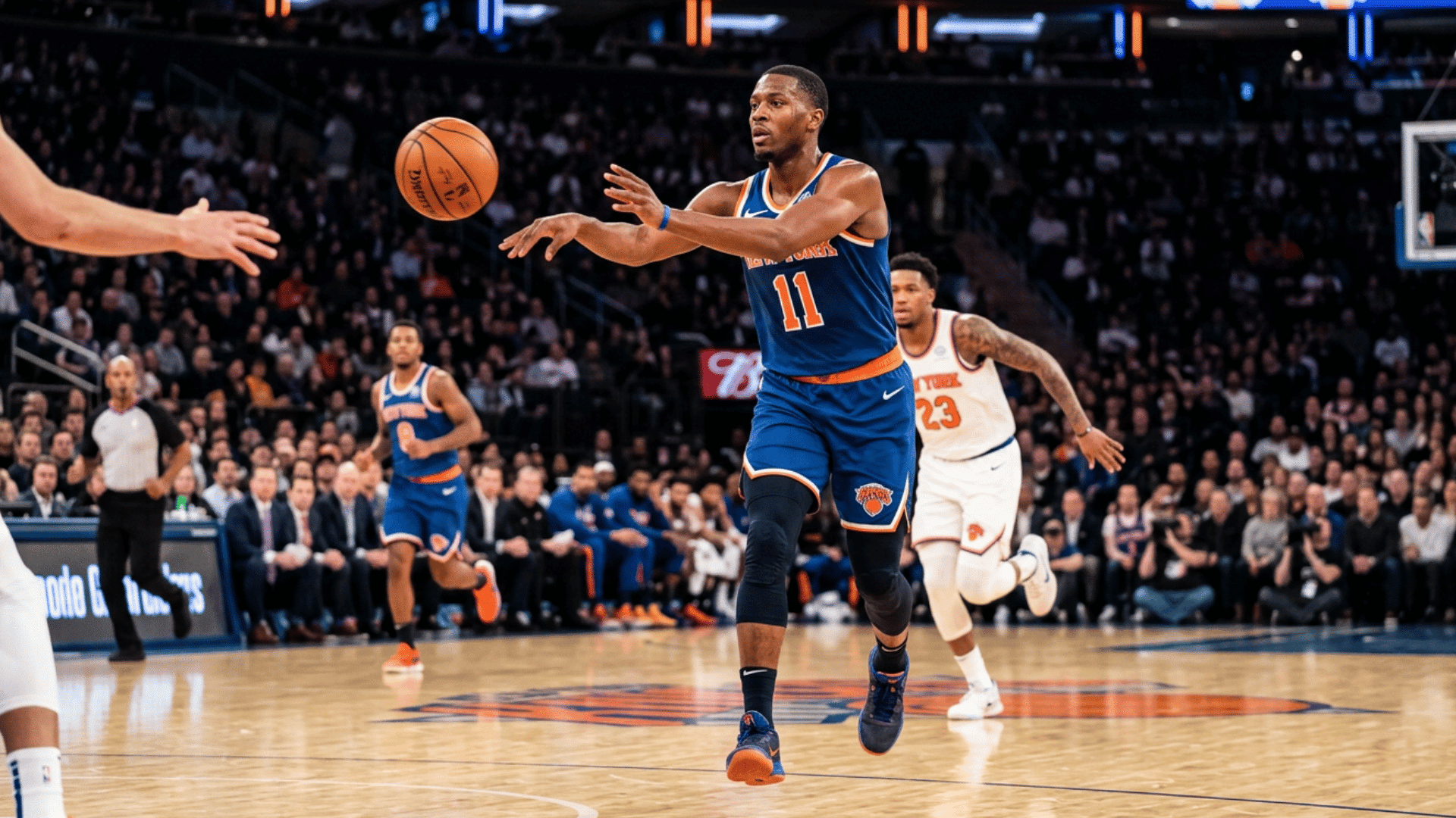 Basketball player passing the ball during a game.