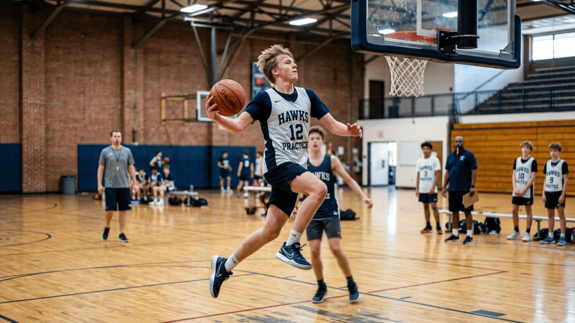 Basketball player practicing a layup in the gym.