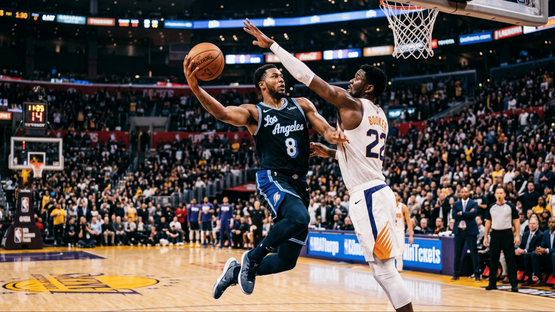 basketball players competing for a layup during an intense nba game with defender blocking shot