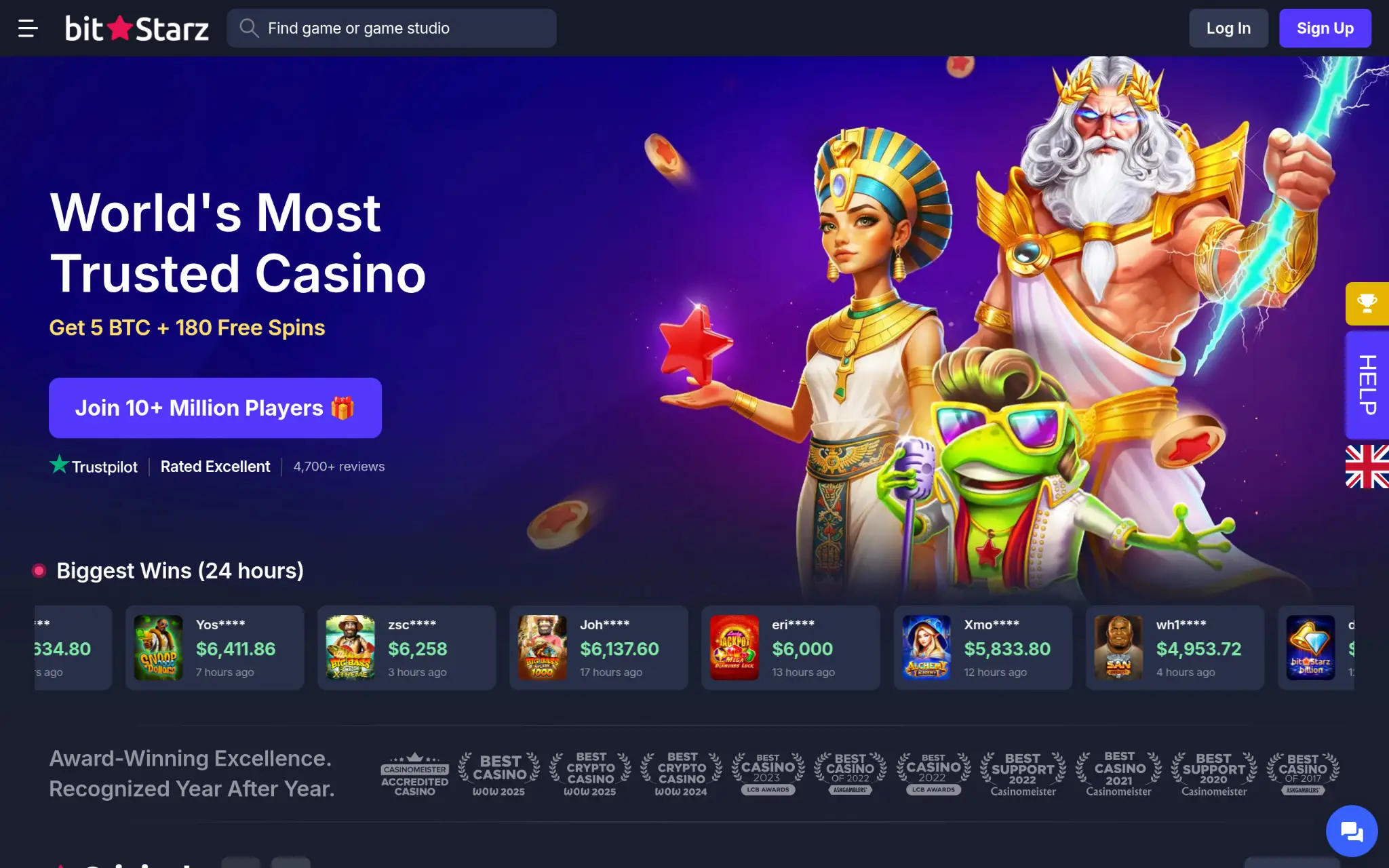 Cartoon characters Zeus and Cleopatra holding gifts with colorful casino theme and bright purple background