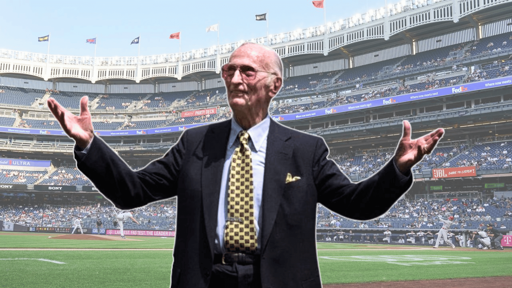 bob sheppard standing at yankee stadium with arms outstretched celebrating his lasting legacy in baseball announcing