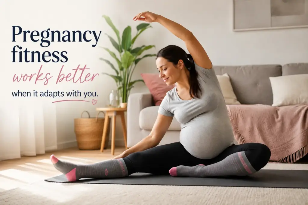 Pregnant woman doing yoga on mat in cozy living room with beige couch and green plant