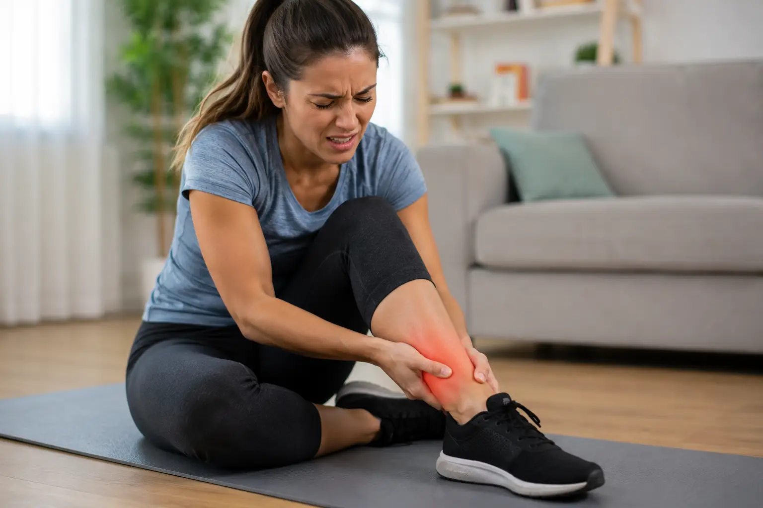 Woman in workout clothes holding her calf in pain on a yoga mat indoors
