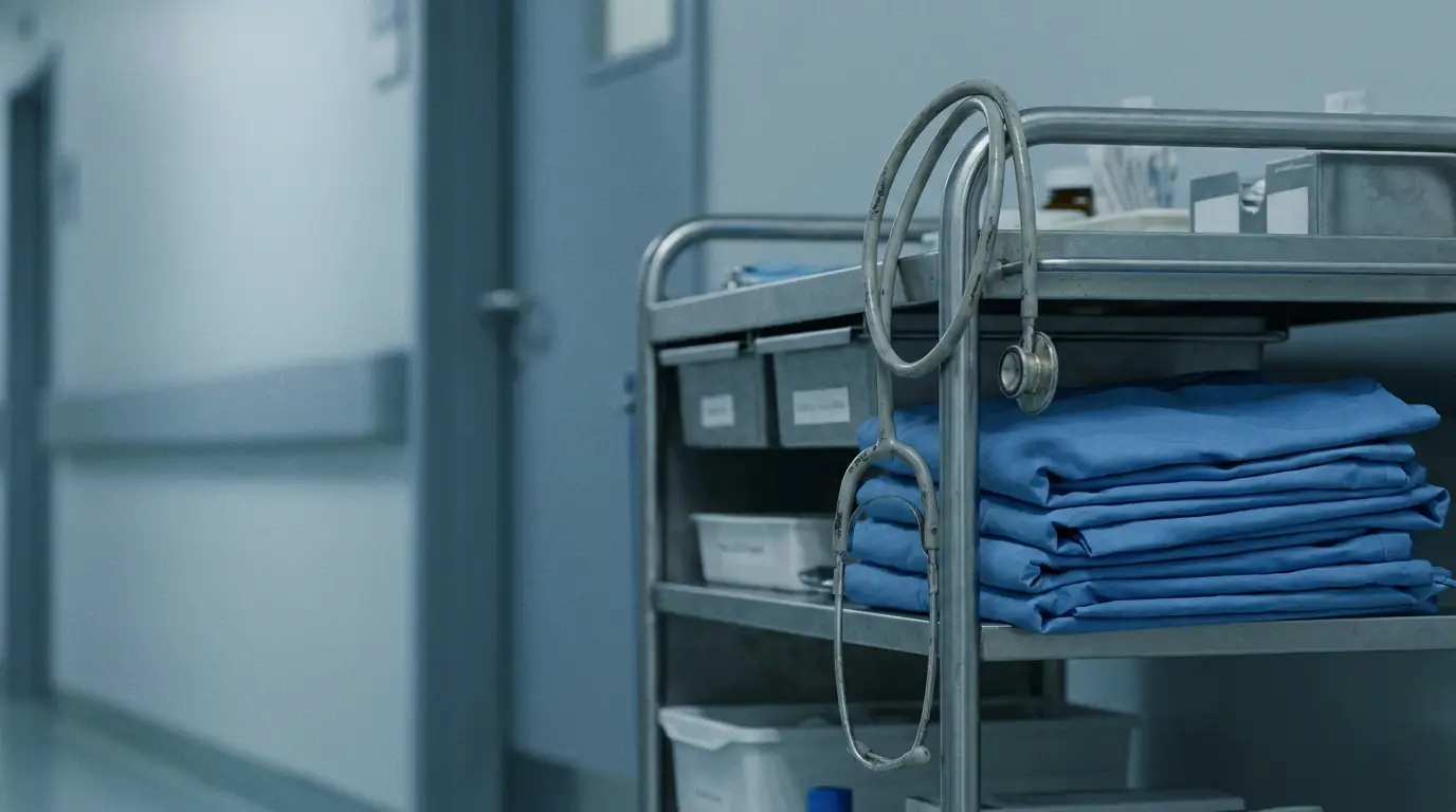 Hospital hallway cart with stacked blue scrubs and stethoscope in soft lighting