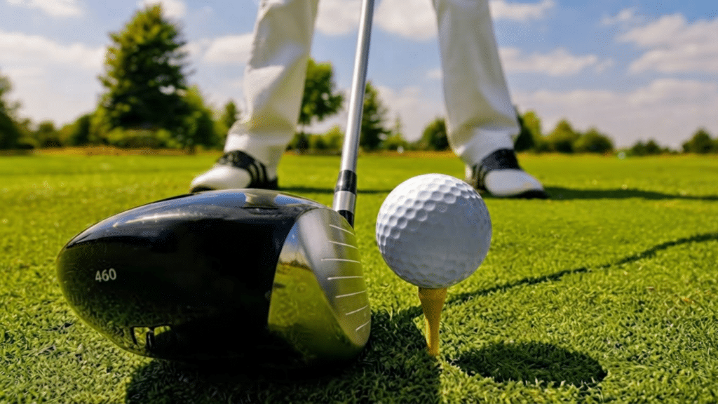close up of a golf driver and teed golf ball on a lush fairway with a golfer preparing to tee off under a sunny sky