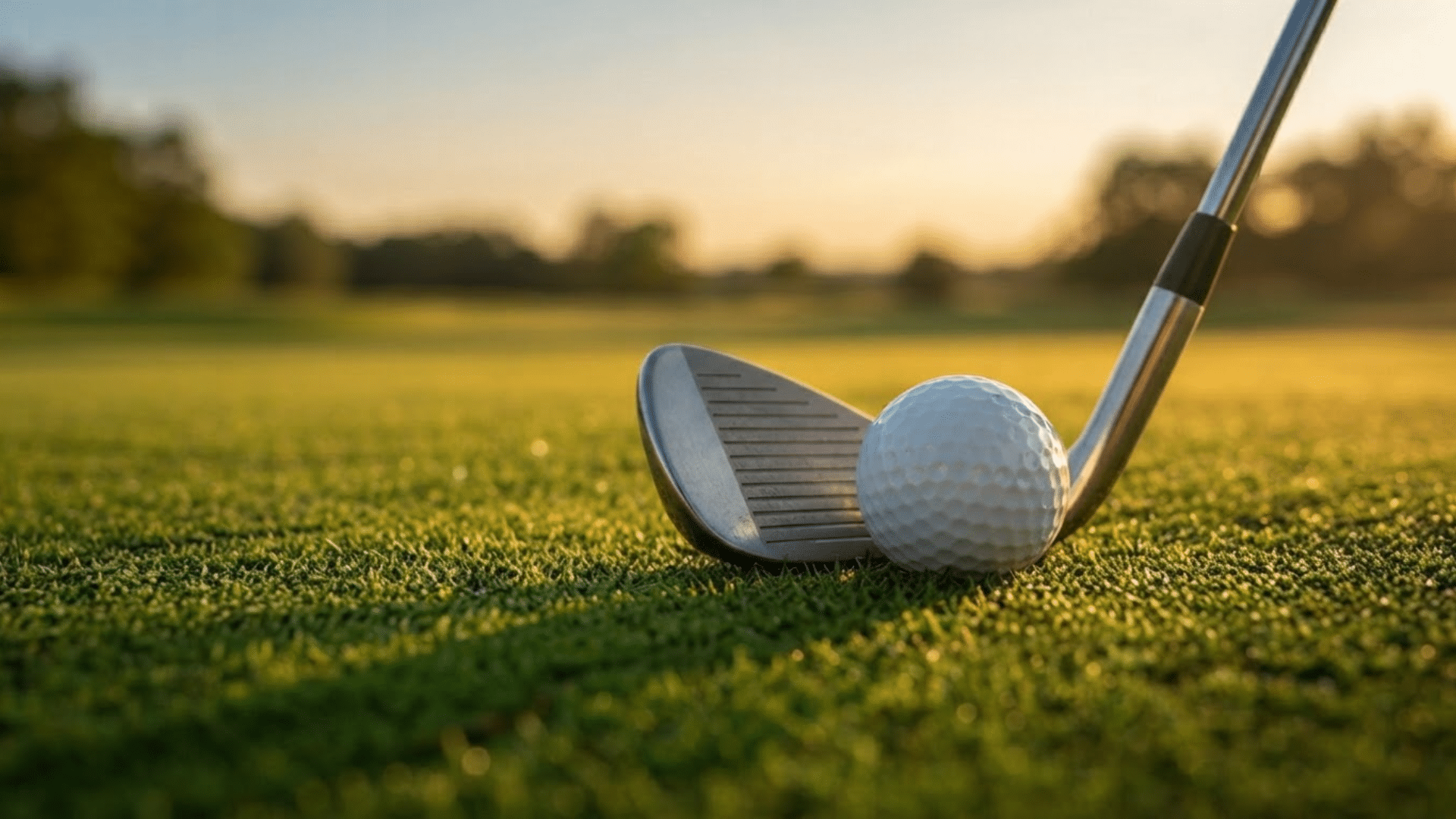 close up view of a golf club beside a white golf ball on a lush green course during golden hour with a blurred fairway background. (1)