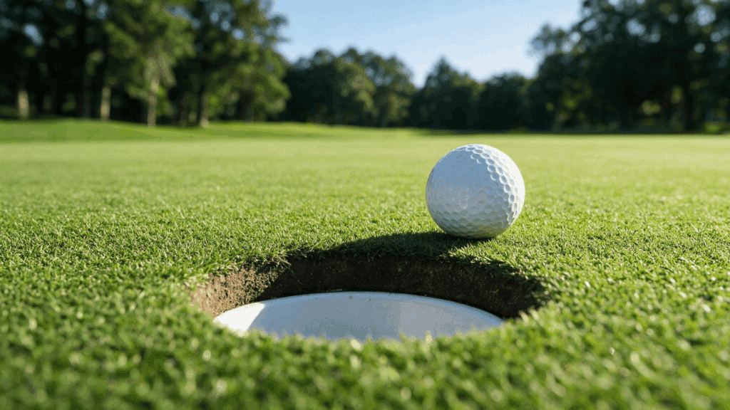close up view of a white golf ball resting near the hole on a lush green golf course with trees in background.