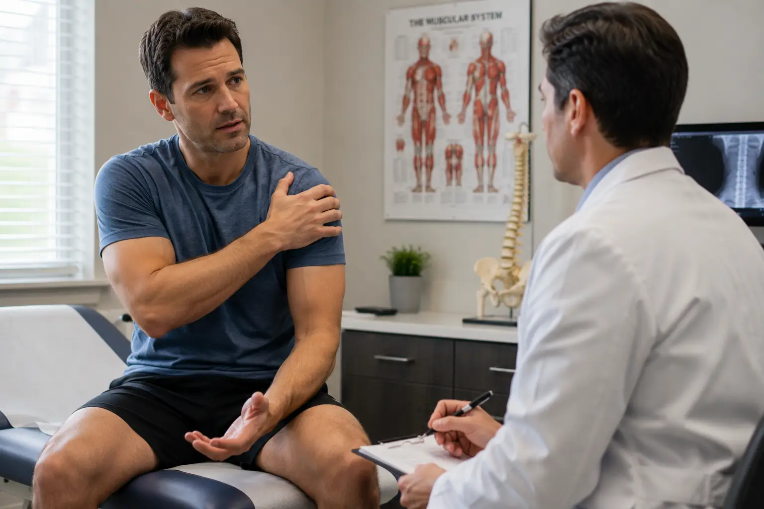 Man in blue shirt consulting doctor in medical office, holding shoulder in discomfort