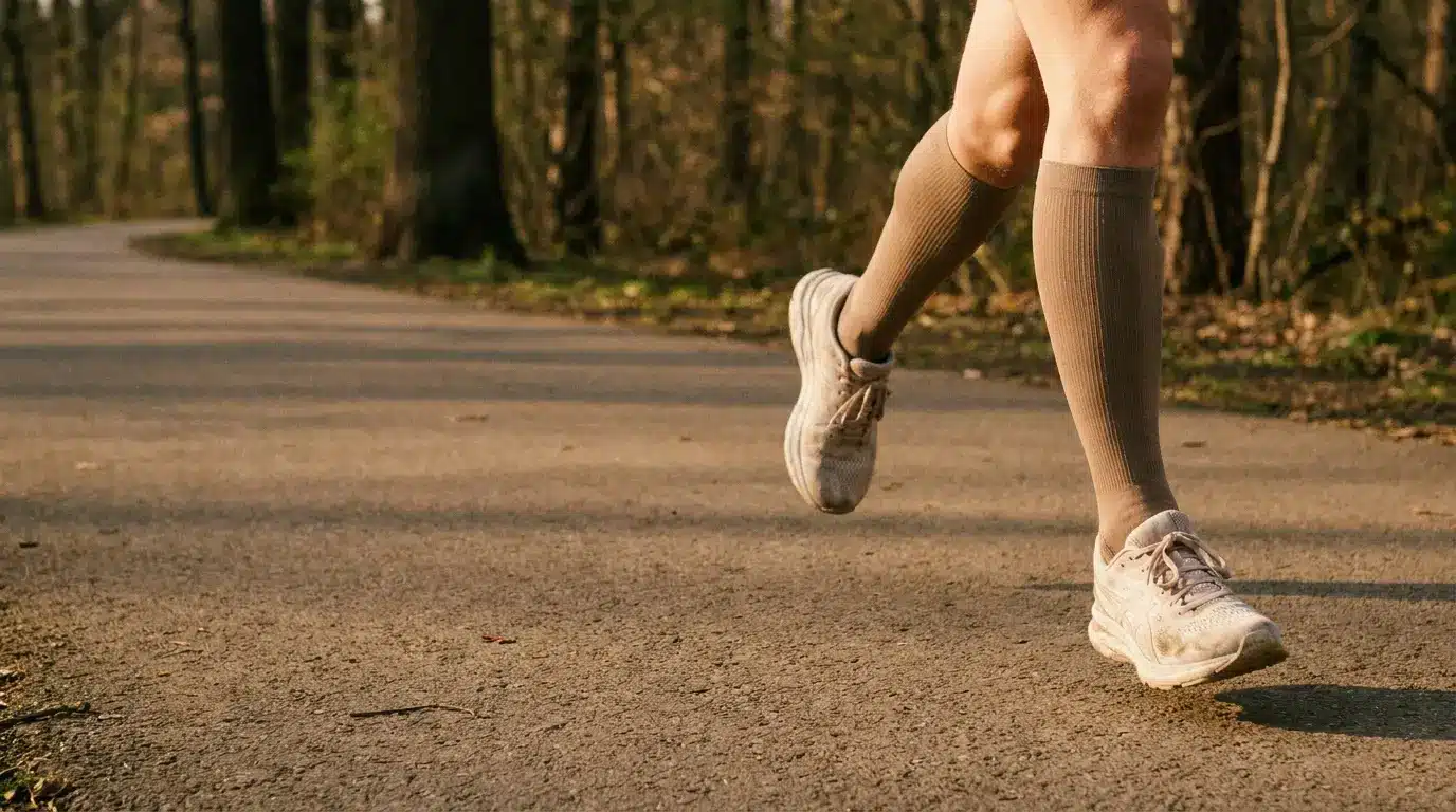 Running on a paved path in a wooded outdoor area wearing compression socks and sneakers