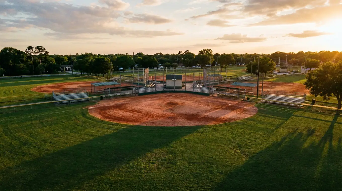 Baseball fields with bleachers at sunset surrounded by trees and green grass